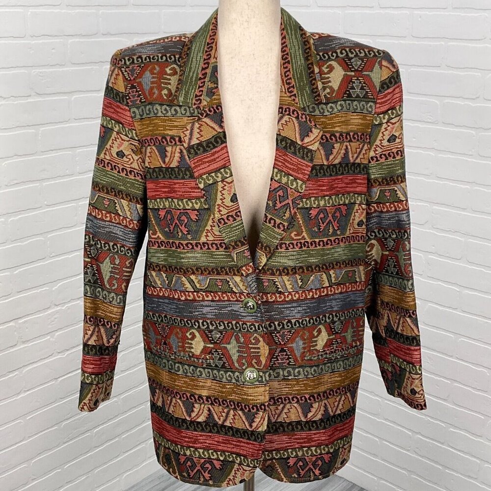 Ascente Sport Blazer Women Medium Red‎ Green Tapestry Aztec Southwestern USA VTG